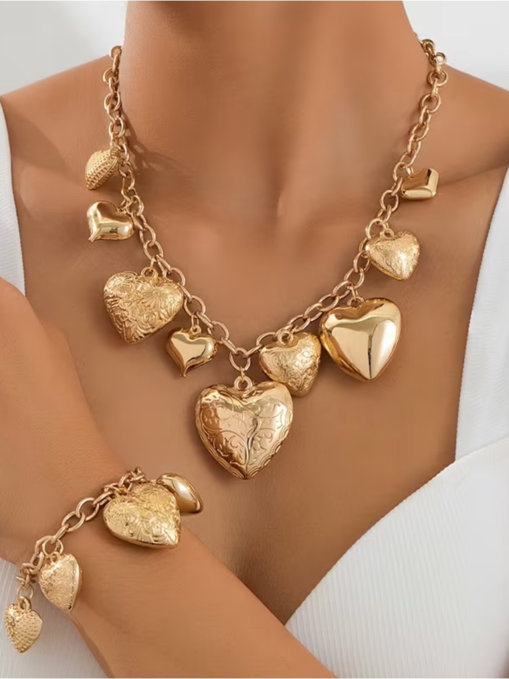 Verona Gold Heart Charm Necklace & Bracelet Set - Women Jewelry